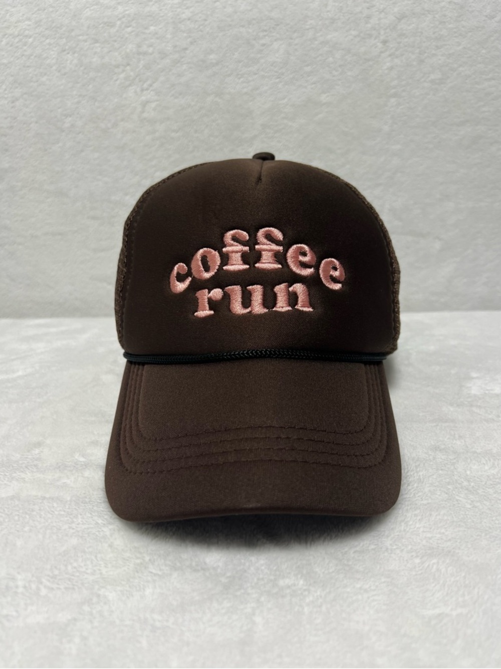 NWOT Brown Baseball Cap Trucker Hat Mesh Back with Pink “coffee run” Embroidery